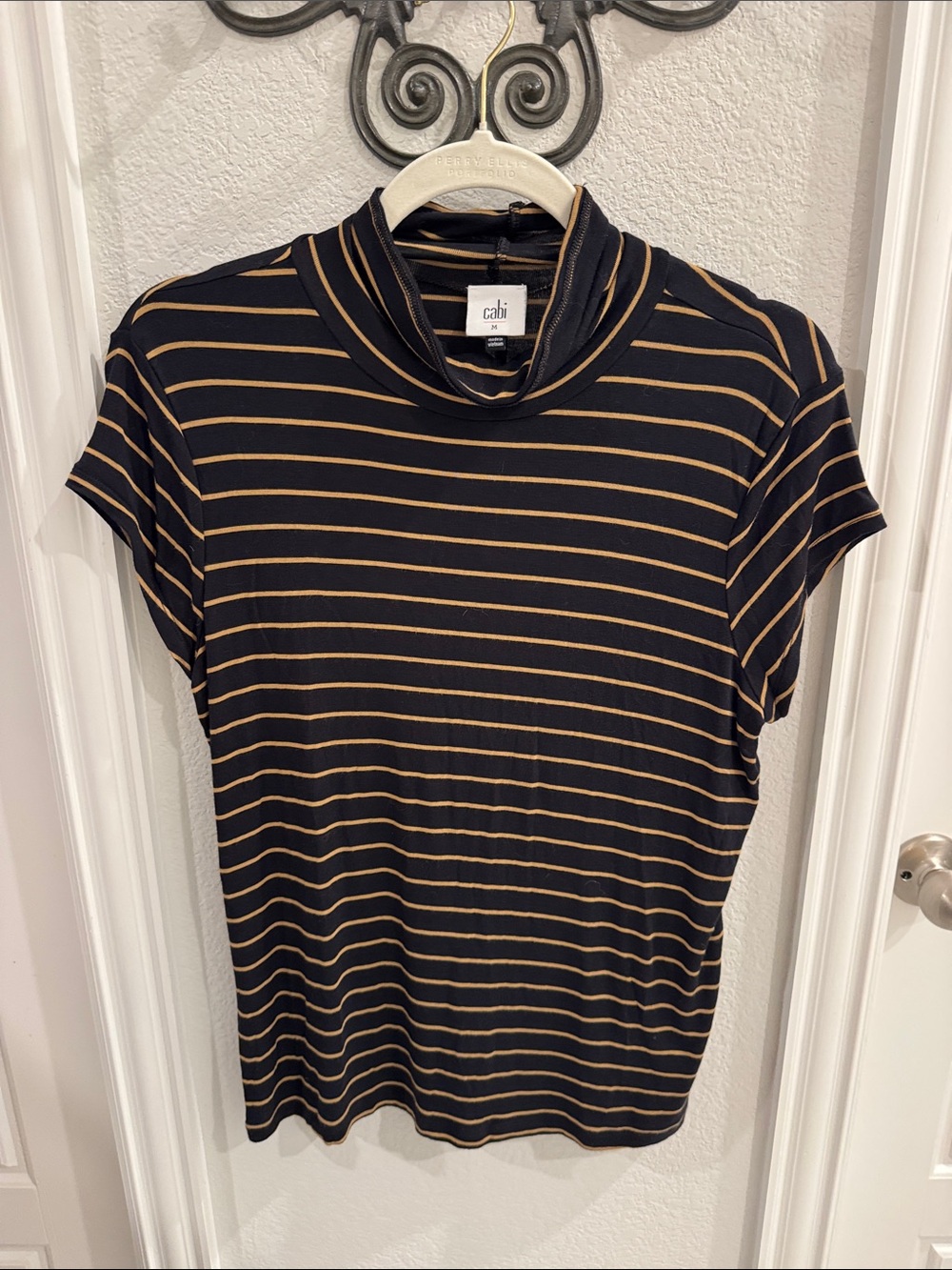 CAbi STYLE 4202 Black Short-Sleeve Mock Neck Top with Tan Stripes
